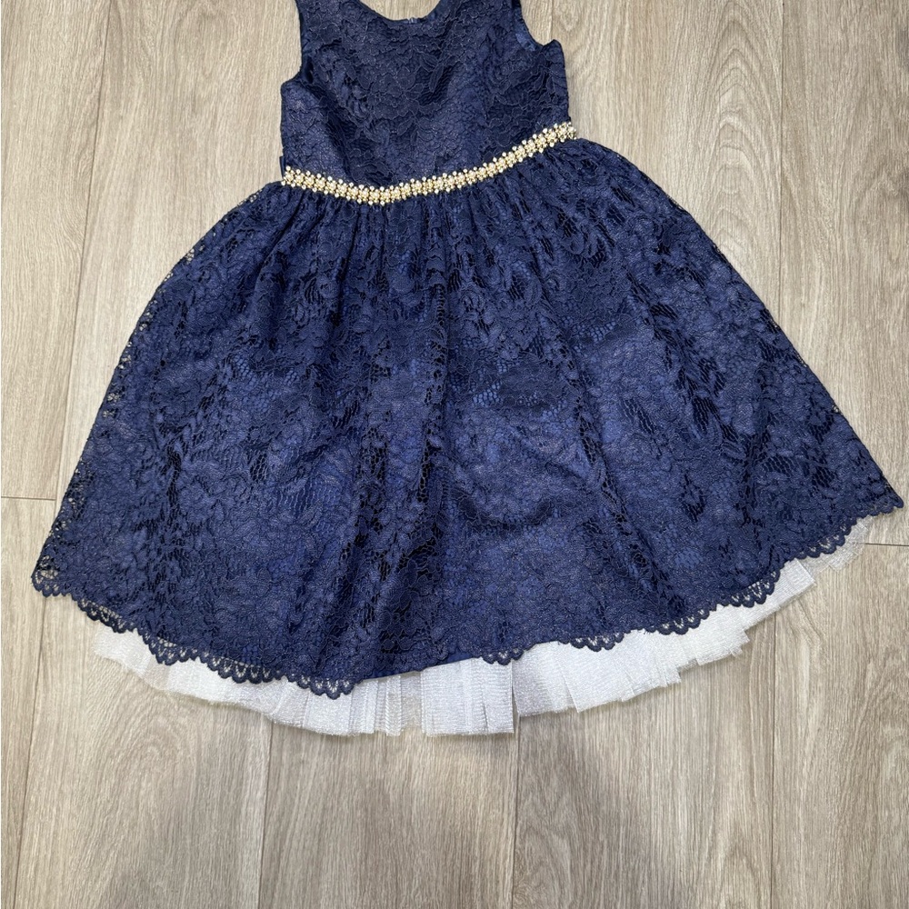 American Princess Navy Lace Dress with Pearl Accent